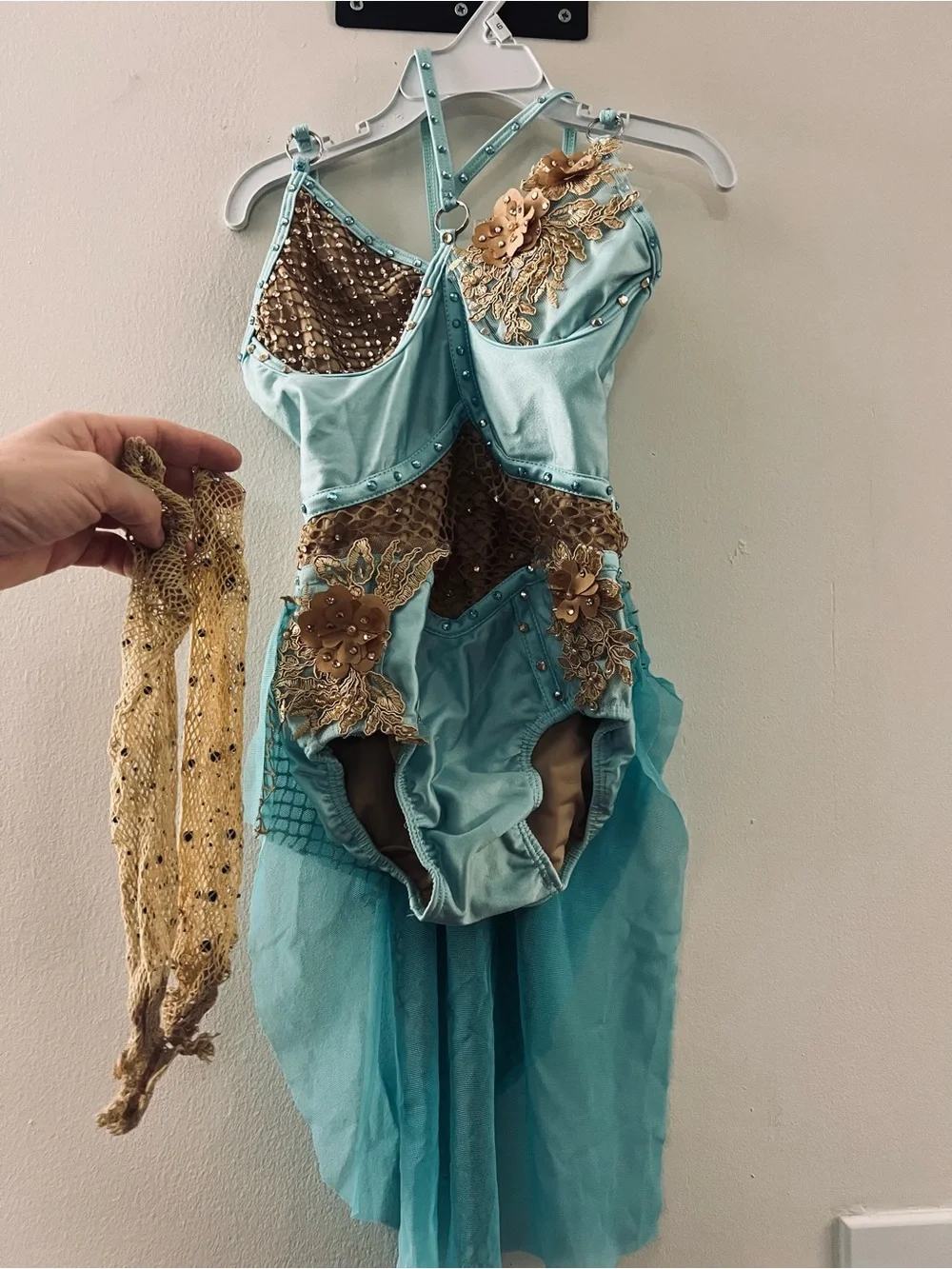 Aqua and Gold Kids Dance Costume with Floral Appliqué, handmade